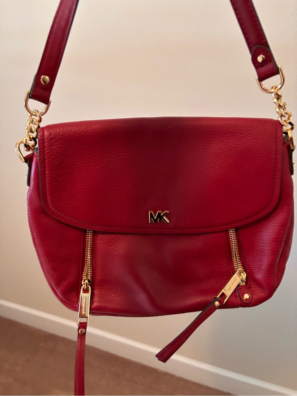 Michael Kors Cherry Red Leather Shoulder Bag with Gold Hardware